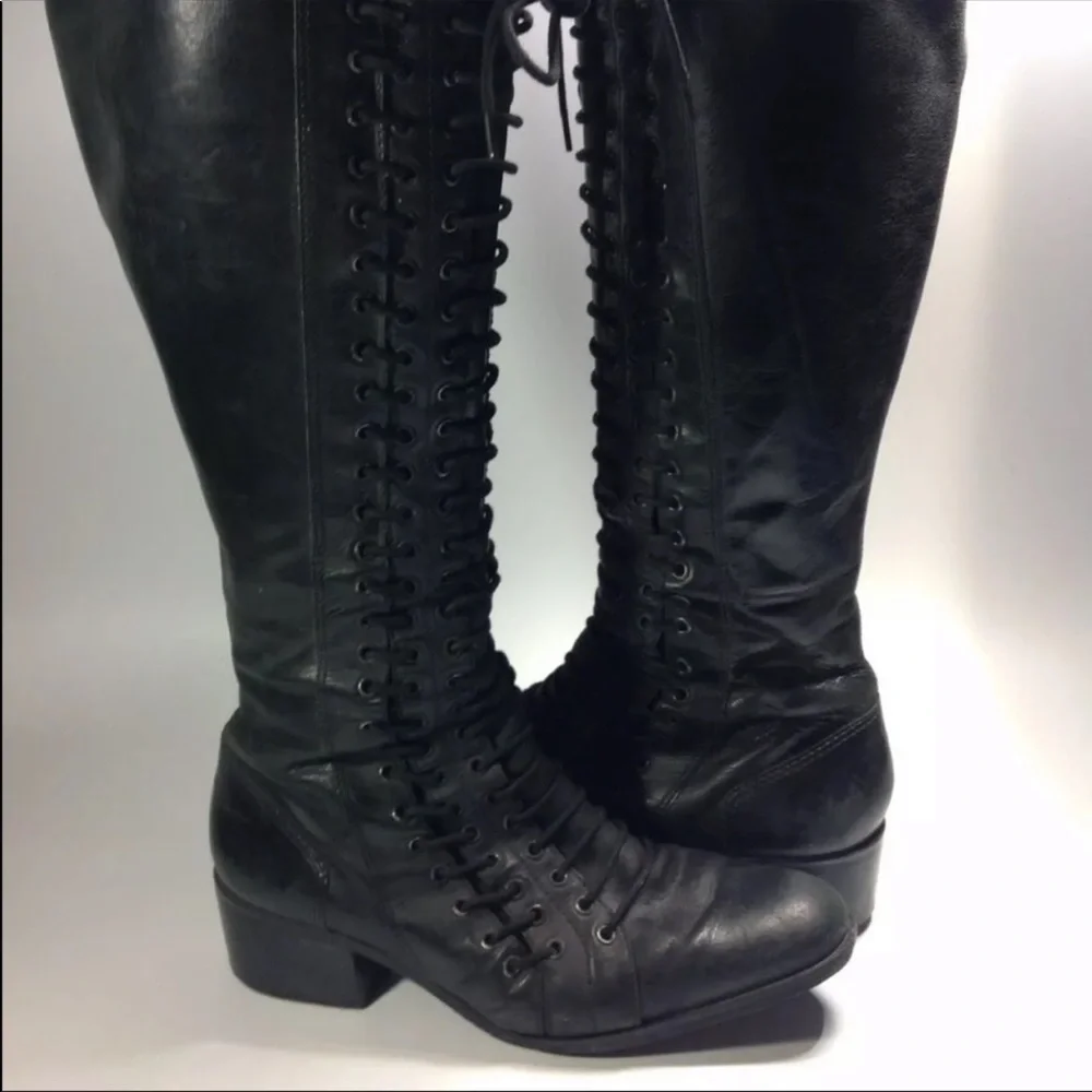 Black leather triple lace up knee high boots cyber punk combat gothic vintage - Picture 2 of 6